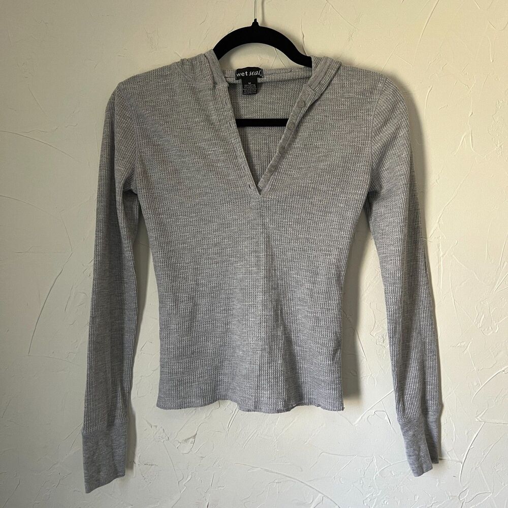 Y2K Wet Seal Gray Waffle Knit Hooded Thermal Long Sleeve Top Mallcore Size M